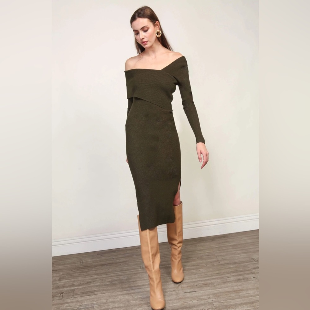 Line & Dot Green Off-Shoulder Midi Dress NWT